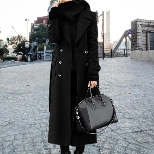 Women's Woollen Double-breasted Mid-calf Long Sleeves Jacket