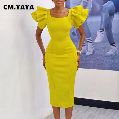 CM.YAYA Women Ruffles Short Sleeve Square Collar Knee Length Dress Street