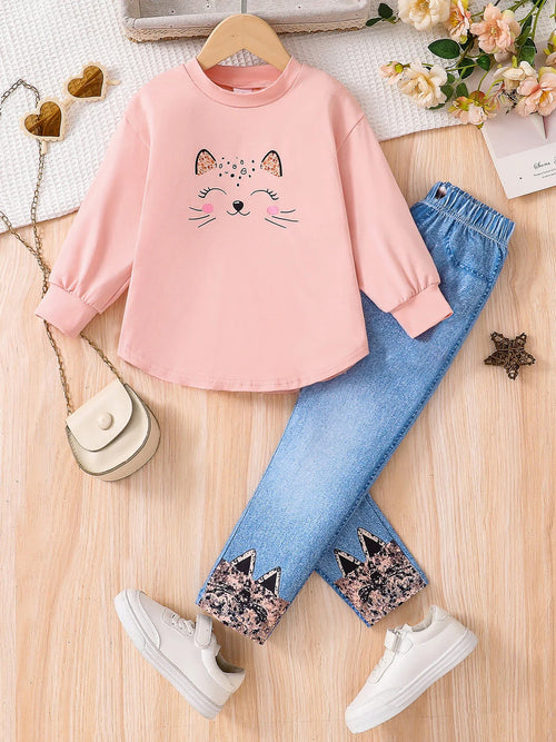 Spring and autumn girls fashion cute 2-piece set micro-elastic pink round neck