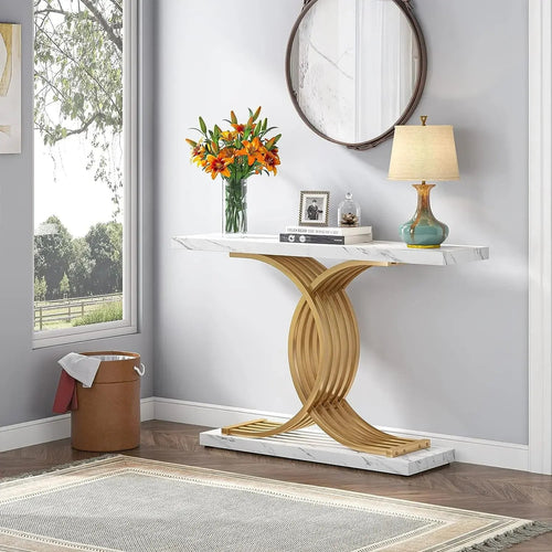 Gold Entryway Table, Modern 39-Inch Console Faux Marble Narrow Wood Sofa with