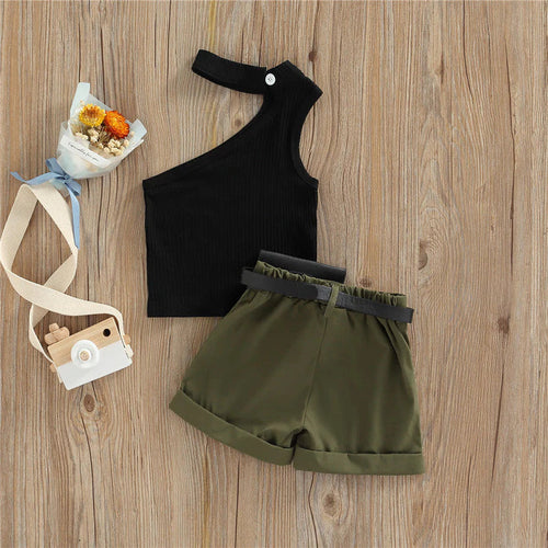 1-5 Years Infant Girl Casual Set Tanks Tops + Shorts + Waist Bag Pockets