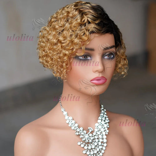 Ombre Blonde T1B27Pixie Cut Short Curly Bob Side Part Non Lace Front 100%