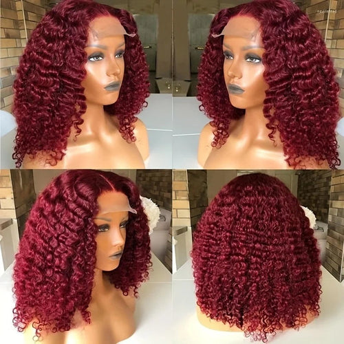 Burgundy 99J Deep Wave Short Bob Wigs 100% Human Hair Wig Water Curly Wig Baby