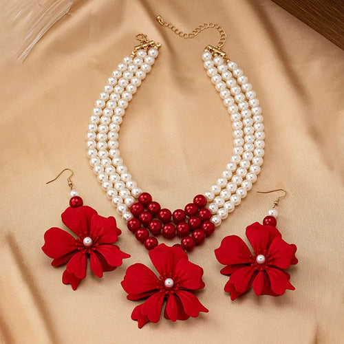 Necklace Big Red Flowers Pendant 3 Layers of Pearl Chain Women Girls Gifts