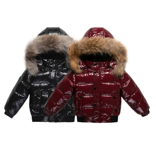 Kids Winter Down Jacket Real Faux Fur Waterproof Shiny Thick Warm Outerwear