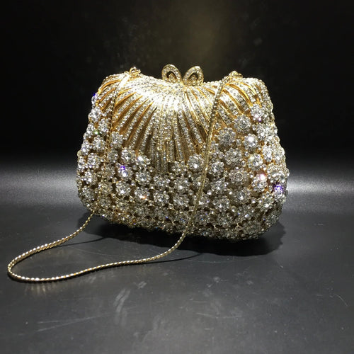 Women Gold Color Flower Rhinestones Clutch Bags Crystal Evening Purse Stones
