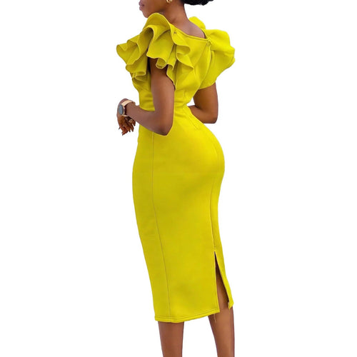 CM.YAYA Women Ruffles Short Sleeve Square Collar Knee Length Dress Street