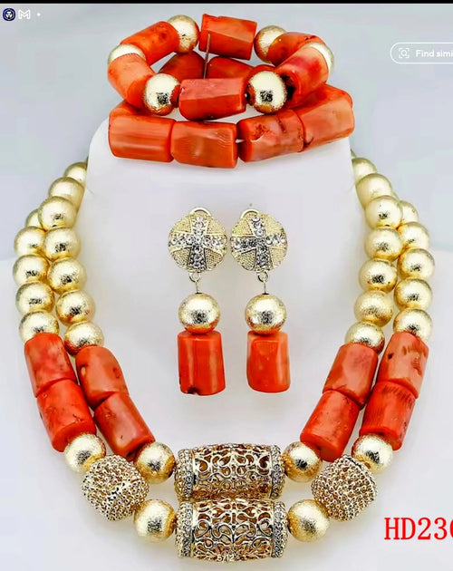 Double Layers Original Coral Nigerian Wedding Beads Jewelry Set Women Coral