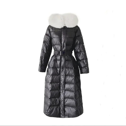 Women's Fashion Long Down Jackets Female Faux Fur Collar Hooded Thick White Duck