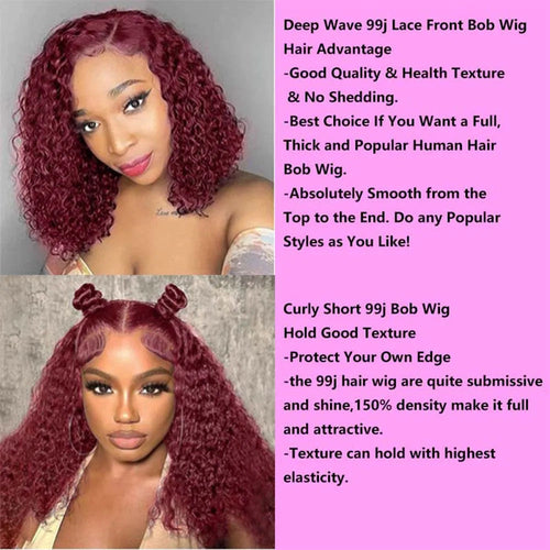 99J Burgundy Bob Deep Wave Lace Front Wigs Human Hair For Women 13x4 HD Lace