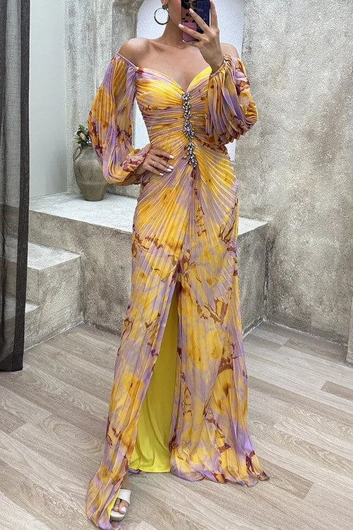 Women Floral Lantern Long Sleeve Dress Elegant Rhinestone Off Shoulder Maxi