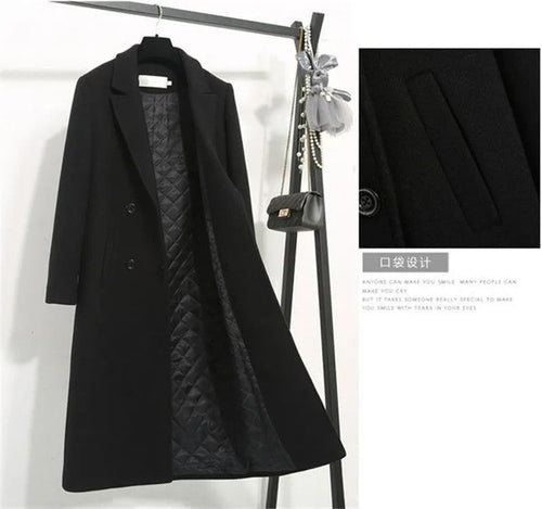 Women's Winter Classic Black Woolen Mid-Length Woolen Blend Overcoat