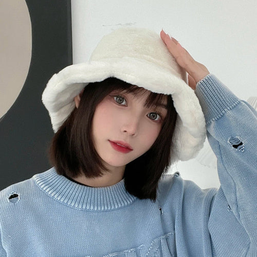 Women Girls Faux Fur Bucket Hat Plush Warm Fisherman Hat Outdoor Windproof
