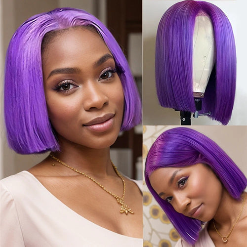 Short Bob Wig 180% Dark Purple Lace Front Human Hair Wigs For Women 13x4 Lace