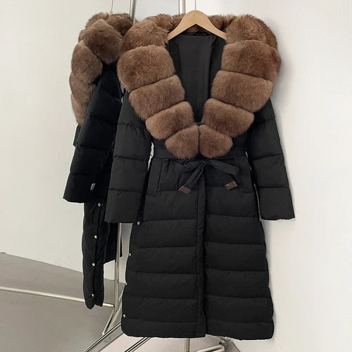 Real Faux Fur Collar Puffer Jacket Duck Down Thick Coat For Women