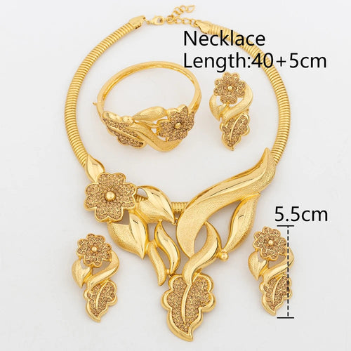 Luxury Flower Design Jewelry Set for Women, Gold Color Big Pendant Necklace and