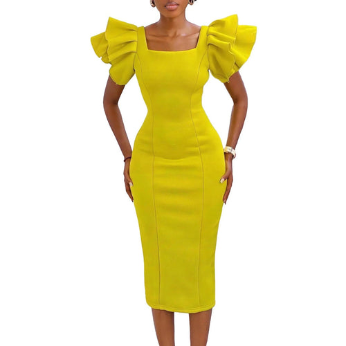 CM.YAYA Women Ruffles Short Sleeve Square Collar Knee Length Dress Street