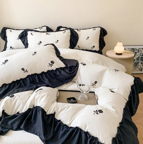 3pcs Rose Embroidered Duvet Cover Set (1*Duvet Cover + 2*Pillowcase, Without