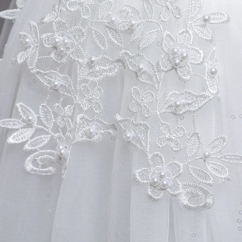 Girls White Lace Pearl Flower Princess Dress For Sequins Sleeveless First
