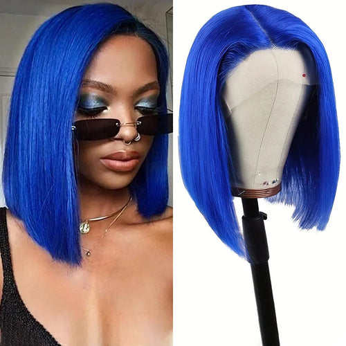 Brazilian Hair Straight Navy Blue Bob Human Hair Wig 180 Density 13x4 HD Lace
