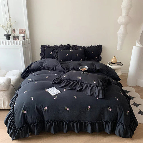 3pcs Rose Embroidered Duvet Cover Set (1*Duvet Cover + 2*Pillowcase, Without