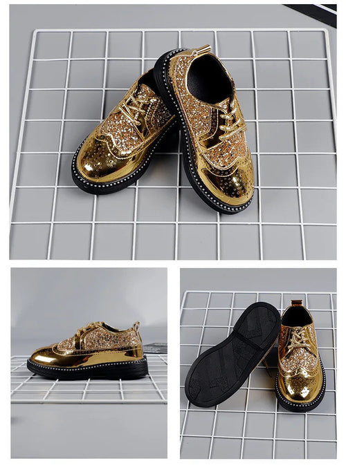 Boys Hollow Out silver Shoes Leather for Kids Party Wedding Dance Shoe Dress
