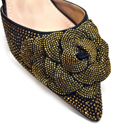 Women's Pointed-Toe Large Flower Decoration Rhinestone Low Heel Italian Shoes