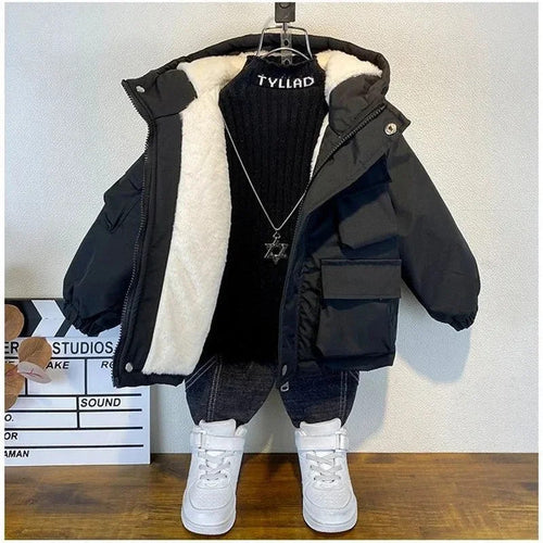 New Winter Down Cotton Jacket Boys Black Hooded Coat Children Outerwear