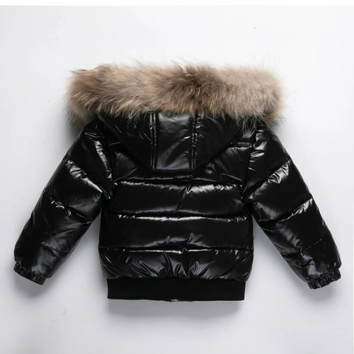 Kids Winter Down Jacket Real Faux Fur Waterproof Shiny Thick Warm Outerwear