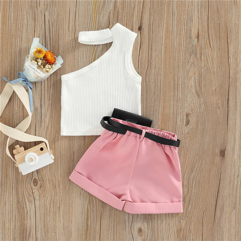1-5 Years Infant Girl Casual Set Tanks Tops + Shorts + Waist Bag Pockets