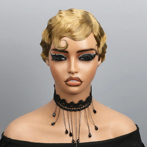 Finger Wave Pixie Human Hair Wigs For Women 180% Density