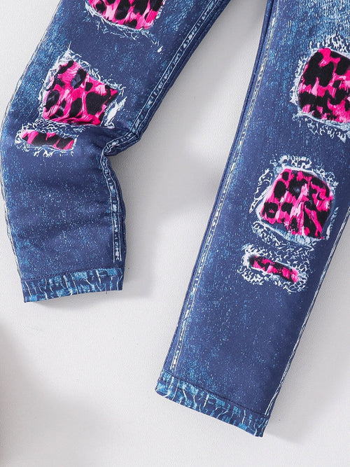 2-piece Spring and Autumn girls fashion set pink leopard print knit round neck