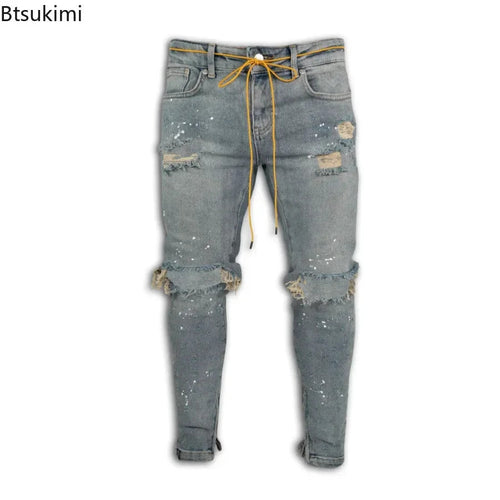New 2025 Ripped Hole Jeans for Men Hip Hop Cargo Pant Distressed Denim Jeans