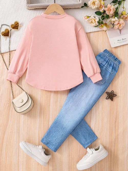 Spring and autumn girls fashion cute 2-piece set micro-elastic pink round neck