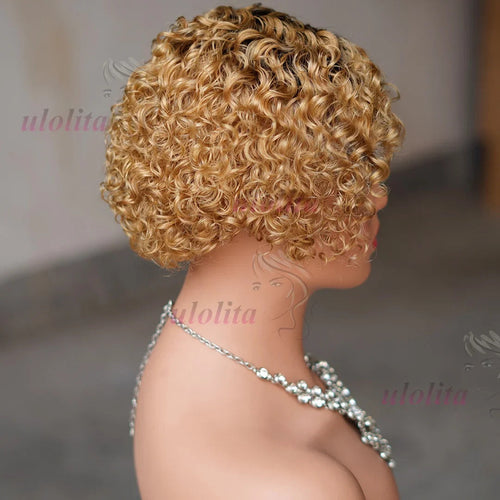 Ombre Blonde T1B27Pixie Cut Short Curly Bob Side Part Non Lace Front 100%
