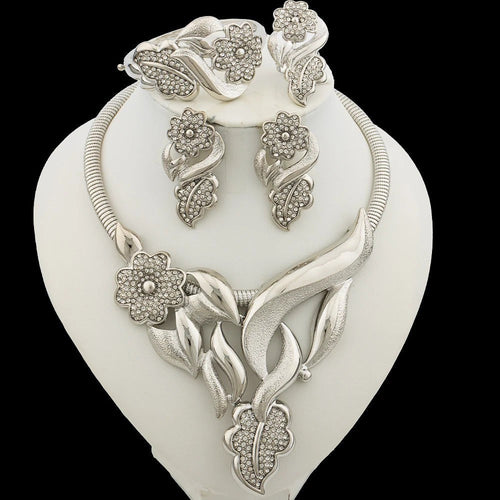 Luxury Flower Design Jewelry Set for Women, Gold Color Big Pendant Necklace and