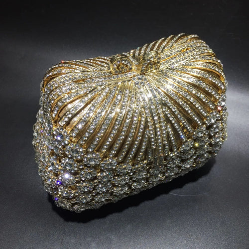 Women Gold Color Flower Rhinestones Clutch Bags Crystal Evening Purse Stones