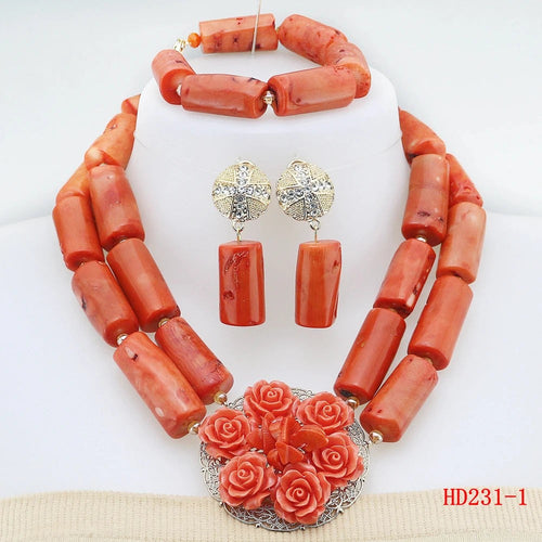 Double Layers Original Coral Nigerian Wedding Beads Jewelry Set Women Coral
