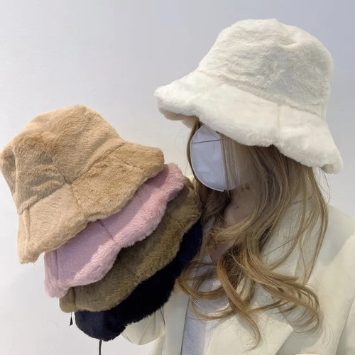 Women Girls Faux Fur Bucket Hat Plush Warm Fisherman Hat Outdoor Windproof