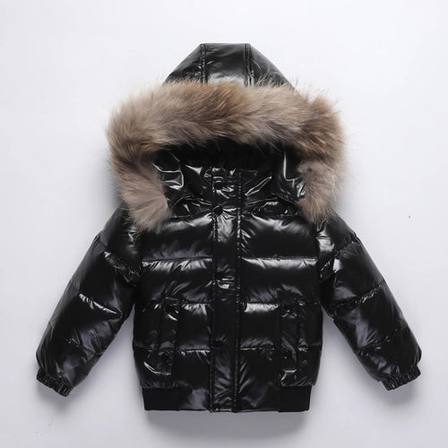 Kids Winter Down Jacket Real Faux Fur Waterproof Shiny Thick Warm Outerwear