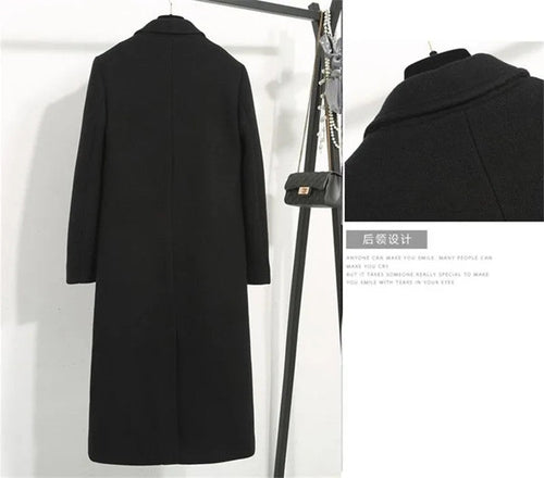 Women's Winter Classic Black Woolen Mid-Length Woolen Blend Overcoat