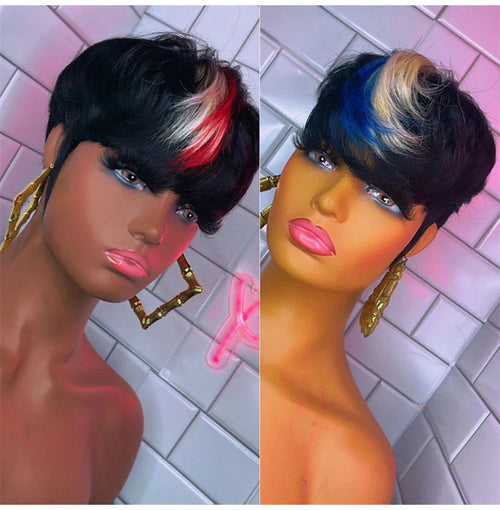 613 Blue Highlight Short Straight Bob Wigs Pixie Human Hair Wig With Bangs Full