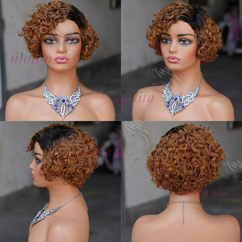 Ombre Blonde T1B27Pixie Cut Short Curly Bob Side Part Non Lace Front 100%