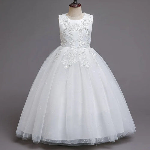Girls White Lace Pearl Flower Princess Dress For Sequins Sleeveless First
