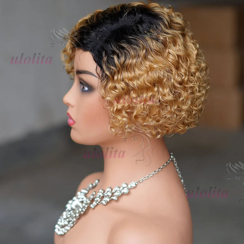 Ombre Blonde T1B27Pixie Cut Short Curly Bob Side Part Non Lace Front 100%