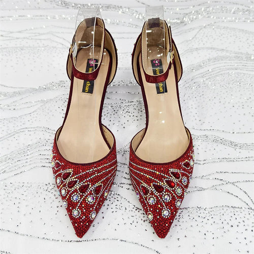 Women's Elegant Rhinestone Pointed Toe Pumps With Matching Shoes And Bag Set