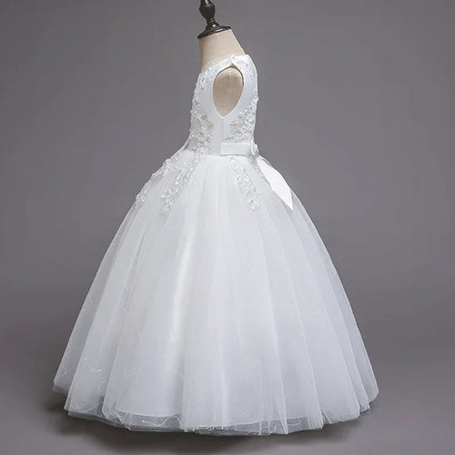 Girls White Lace Pearl Flower Princess Dress For Sequins Sleeveless First