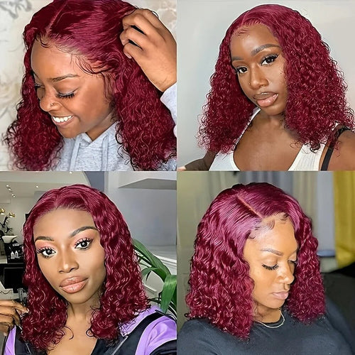 Burgundy 99J Deep Wave Short Bob Wigs 100% Human Hair Wig Water Curly Wig Baby