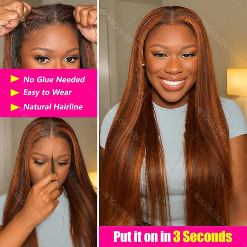 Ginger Mixed Brown Long Silky Straight Highlight Wig Human Hair 5x5 Lace Front