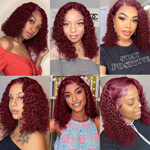 Burgundy 99J Deep Wave Short Bob Wigs 100% Human Hair Wig Water Curly Wig Baby